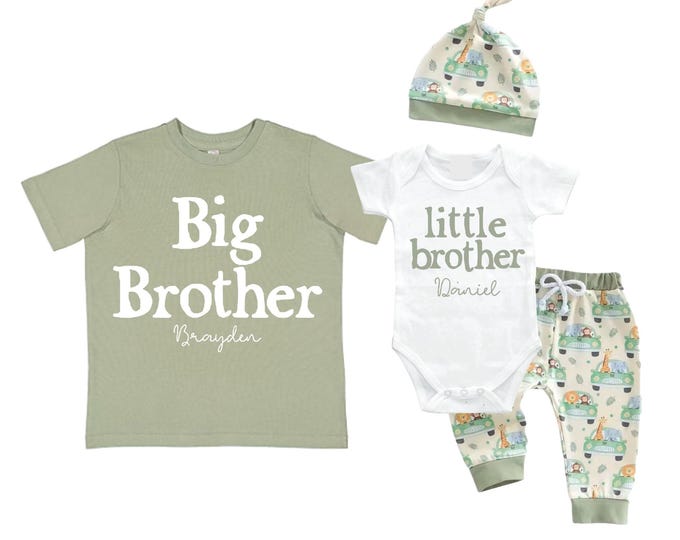 Safari Themed Big Brother Little Brother Matching 4-Piece Set: Bodysuit, Shirt, Pants, Hat - Matching Brothers, Baby Shower
