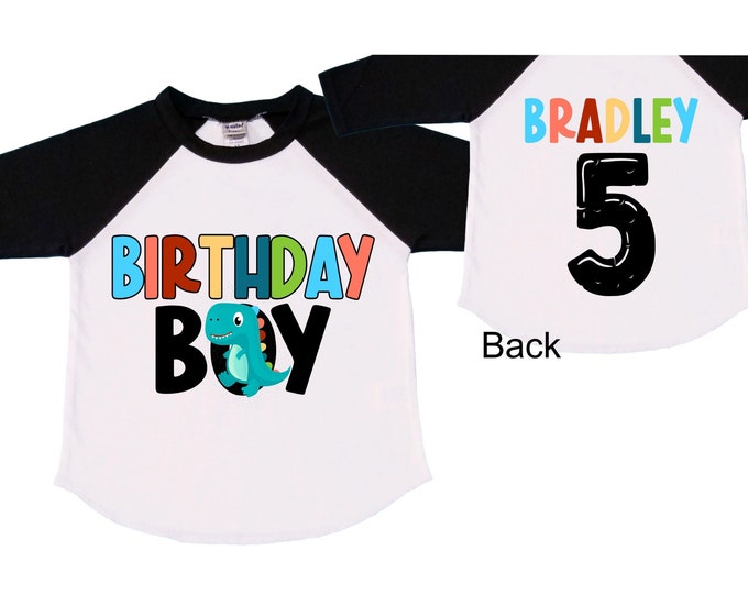 Personalized Dinosaur Themed Birthday Boy Raglan Dinosaur theme Birthday Shirt. FIVE Birthday. Boy's Dino Birthday. Dinosaur Birthday Shirt.