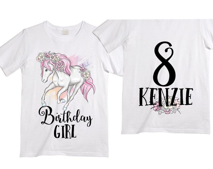 Personalized Horse Unicorn theme Birthday Shirt. Eight Birthday. Girl's Floral Dino Birthday Shirt. Dinosaur Birthday Shirt.  8th Birthday