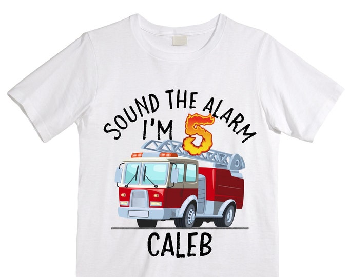 Personalized Sound the Alarm I'm 5 Fire Truck Truck FIVE Raglan Monster Truck theme Birthday Shirt. FIVE Birthday. FireTruck Birthday .