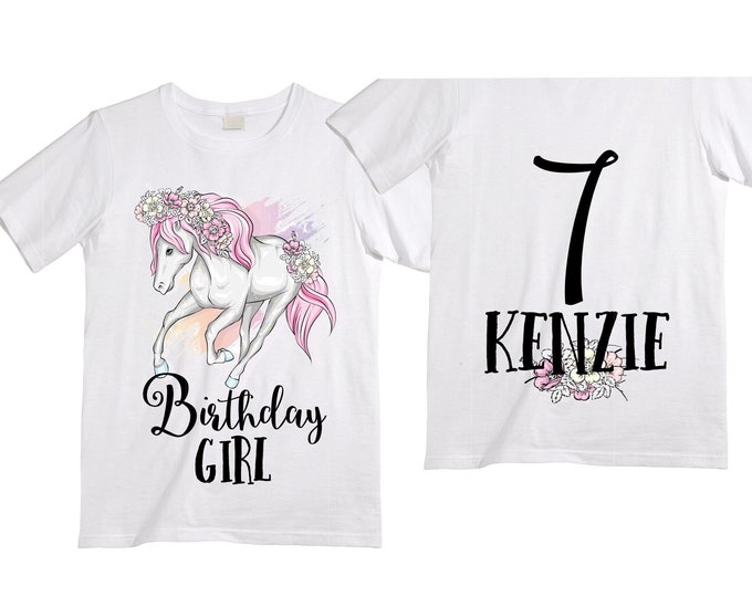 Personalized Horse Unicorn theme Birthday Shirt. Seven Birthday. Girl's Floral Dino Birthday Shirt. Dinosaur Birthday Shirt.  7th Birthday