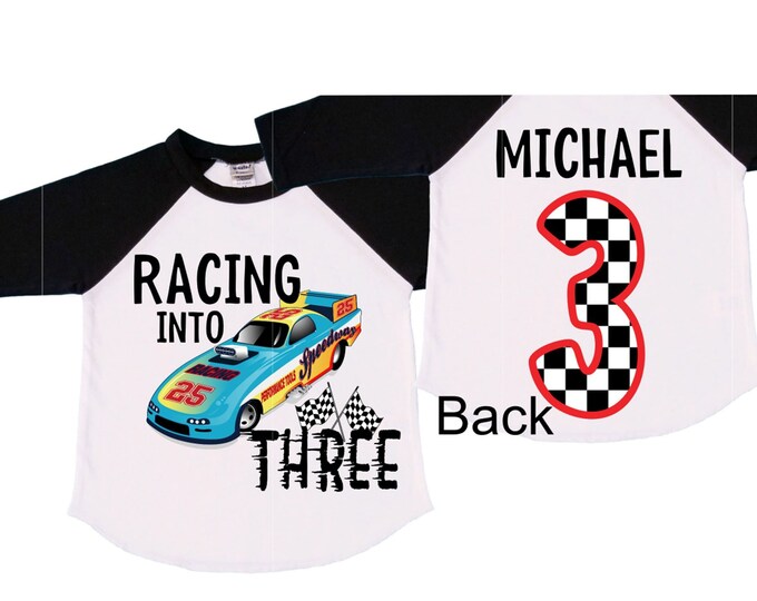 Personalized RaceCar theme Birthday Shirt. THREE Birthday. Boy's Racecar Birthday Shirt. Race Car Racing Birthday Shirt.