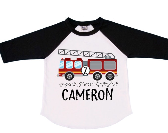Personalized Fire Truck theme Birthday Shirt. Two Birthday. Boy's Truck Birthday Shirt. Monster Truck Racing Birthday Shirt.