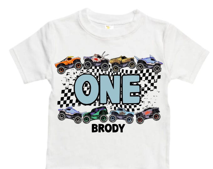 Personalized Monster Truck Crushing IT Birthday Shirt. ONE First 1st Birthday. Truck Birthday Shirt. Monster Truck Racing Birthday Shirt.