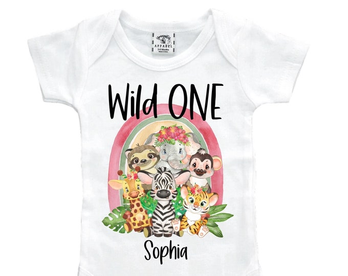 Personalized Let's Get Wild Safari theme Birthday Shirt. ONE Birthday. Girl's Rainbow Safari Birthday Shirt. Jungle Safari Birthday Shirt.