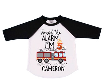 Personalized Sound the Alarm I'm 5 Fire Truck Truck FIVE Raglan Monster Truck theme Birthday Shirt. FIVE Birthday. FireTruck Birthday .