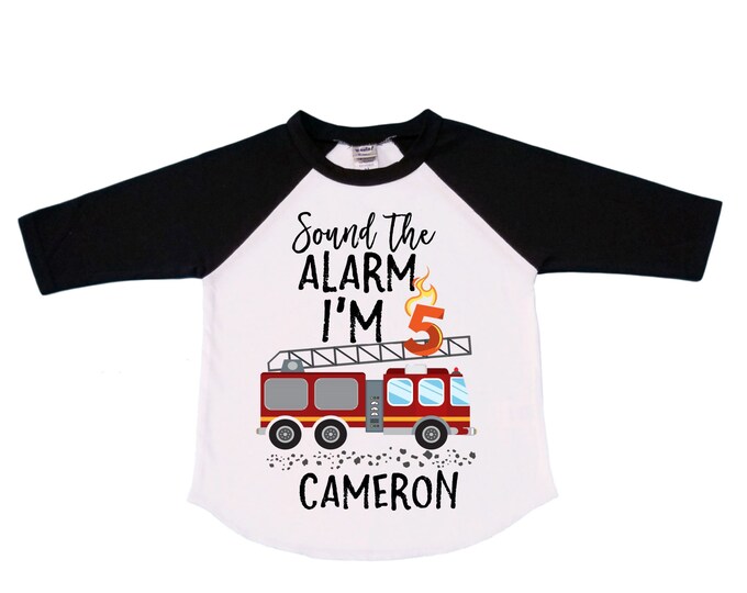 Personalized Sound the Alarm I'm 5 Fire Truck Truck FIVE Raglan Monster Truck theme Birthday Shirt. FIVE Birthday. FireTruck Birthday .