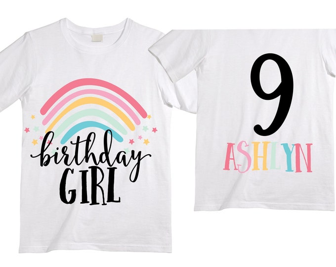Personalized Rainbow NINE Birthday Girl Shirt. Cake Smash Short Sleeve Birthday Shirt. 9th . Birthday Shirt