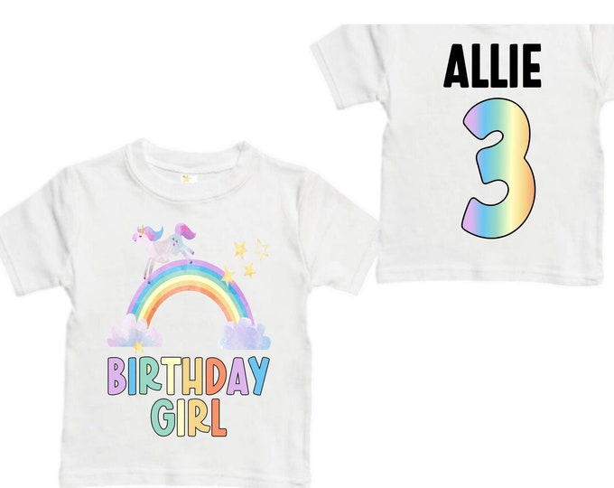Personalized Rainbow Unicorn THREE Birthday Girl Shirt. Cake Smash Sleeve Birthday Shirt. Three . Birthday Shirt
