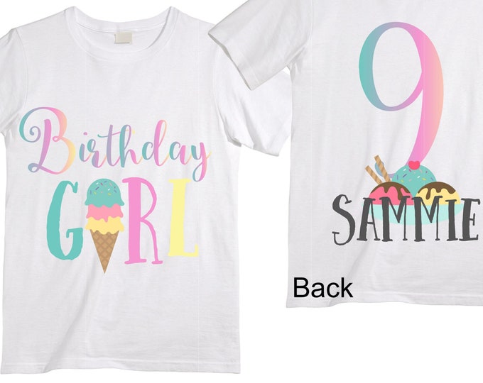 Personalized Ice Cream Themed NINE Birthday Girl Shirt. Cake Smash Short Sleeve Birthday Shirt. 9th . Birthday Shirt
