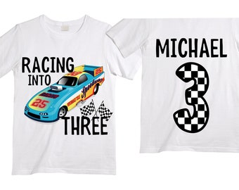 Personalized RaceCar theme Birthday Shirt. THREE Birthday. Boy's Racecar Birthday Shirt. Race Car Racing Birthday Shirt.