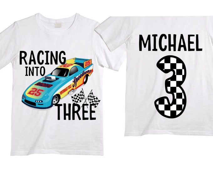 Personalized RaceCar theme Birthday Shirt. THREE Birthday. Boy's Racecar Birthday Shirt. Race Car Racing Birthday Shirt.