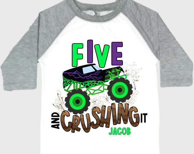 Personalized Monster Truck Crushing IT Birthday Shirt. FIVE Birthday. Boy's Truck Birthday Shirt. Monster Truck Racing Birthday Shirt.