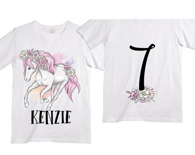 Personalized Horse Unicorn theme Birthday Shirt. Seven Birthday. Girl's Floral Dino Birthday Shirt. Dinosaur Birthday Shirt.  7th Birthday