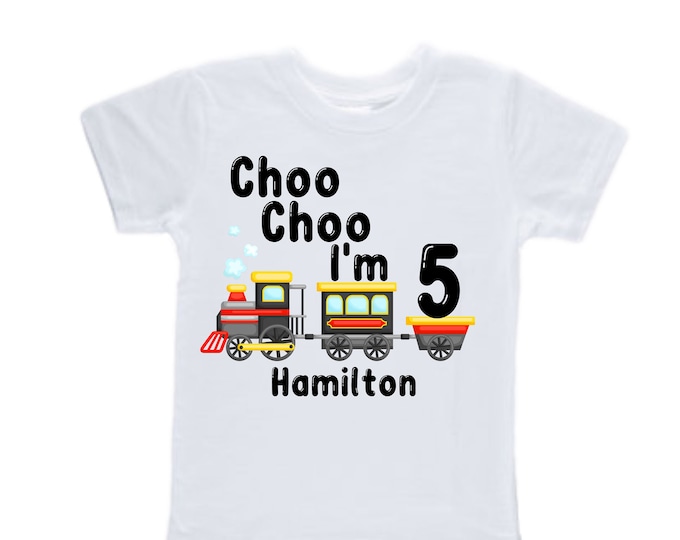 Personalized Choo Choo I'm 5 Train theme Birthday Shirt. Five Birthday. Boy's Train Birthday Shirt. Choo Choo Train Birthday Shirt.