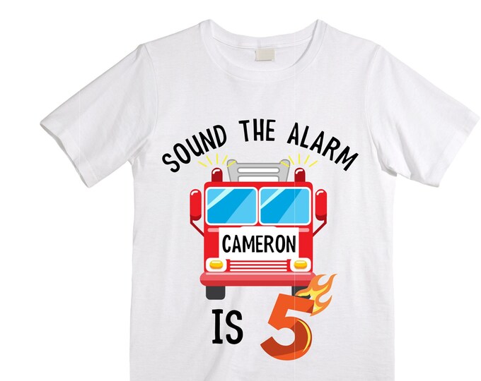 Personalized Sound the Alarm I'm 5 Fire Truck Truck FIVE Raglan Monster Truck theme Birthday Shirt. FIVE Birthday. FireTruck Birthday .