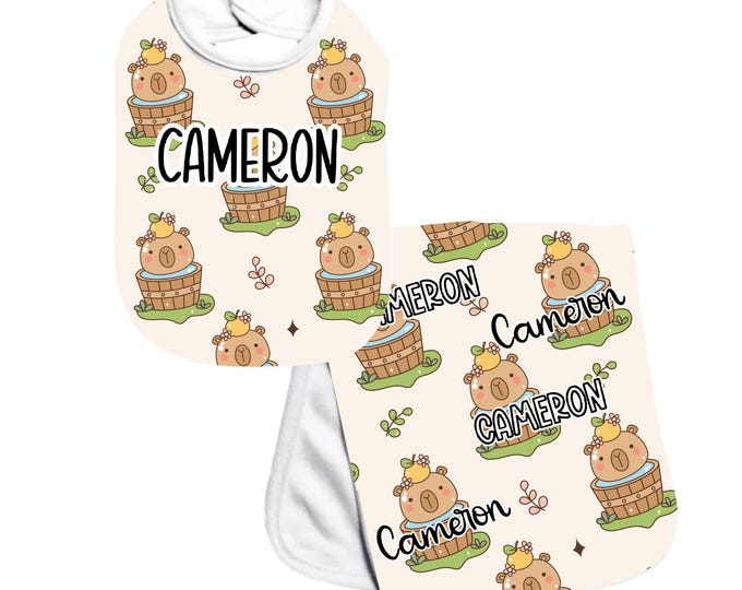 Personalized Capybara and Kawaii Style Burp Cloth and Bib  Set. Fun Burp Cloth. Baby Shower Gift. Newborn Gift Idea