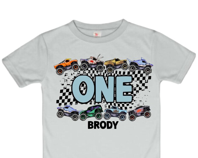 Personalized Monster Truck Crushing IT Birthday Shirt. ONE First 1st Birthday. Truck Birthday Shirt. Monster Truck Racing Birthday Shirt.