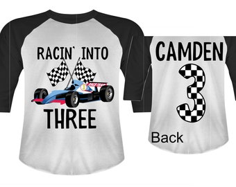 Personalized RaceCar theme Birthday Shirt. THREE Birthday. Boy's Racecar Birthday Shirt. Race Car Racing Birthday Shirt.