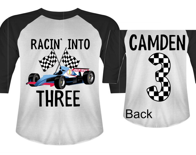 Personalized RaceCar theme Birthday Shirt. THREE Birthday. Boy's Racecar Birthday Shirt. Race Car Racing Birthday Shirt.