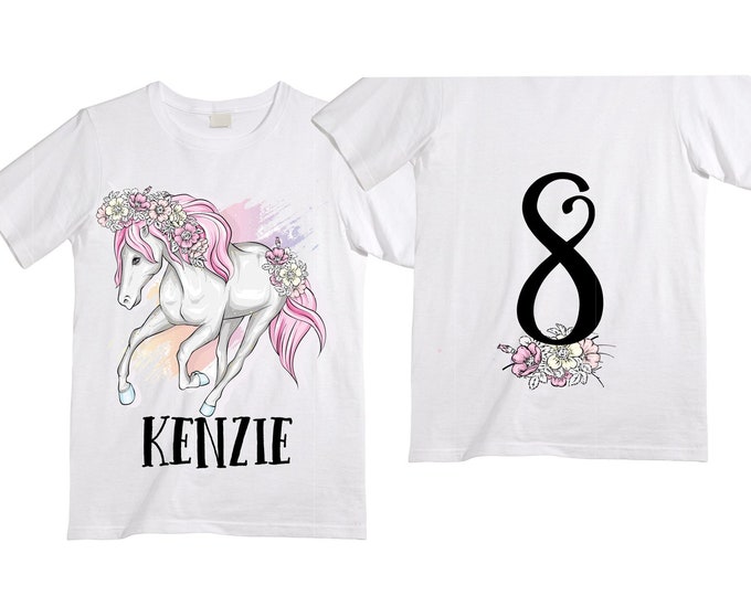 Personalized Horse Unicorn theme Birthday Shirt. Eight Birthday. Girl's Floral Dino Birthday Shirt. Dinosaur Birthday Shirt.  8th Birthday