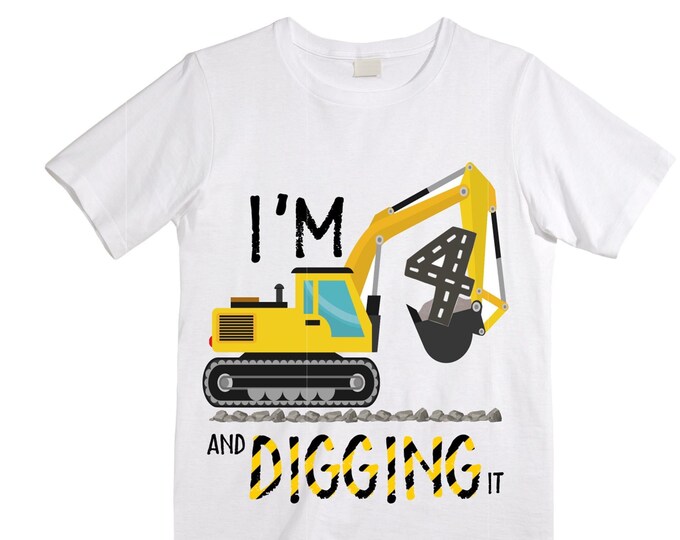 4 Digger Construction  FOUR  Trash Truck theme Birthday Shirt. Fourth Birthday. Boy's Birthday .