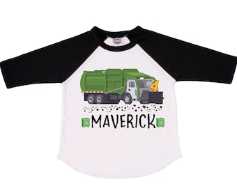 Personalized Trash Truck / Garbage Truck FOUR  Raglan Monster Truck theme Birthday Shirt. Fourth Birthday. Boy's Birthday .