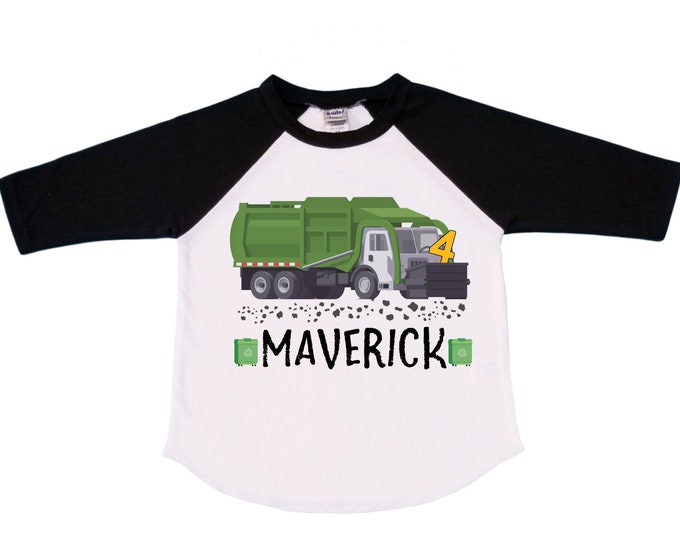 Personalized Trash Truck / Garbage Truck FOUR  Raglan Monster Truck theme Birthday Shirt. Fourth Birthday. Boy's Birthday .