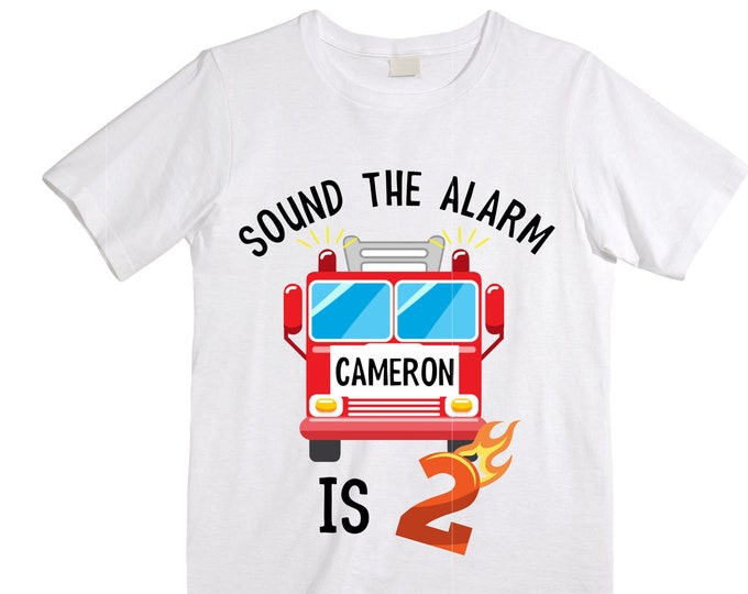 Personalized Sound the Alarm I'm 2 Fire Truck theme Birthday Shirt. Two Birthday. Boy's Truck Birthday Shirt. Fire Truck Birthday Shirt.