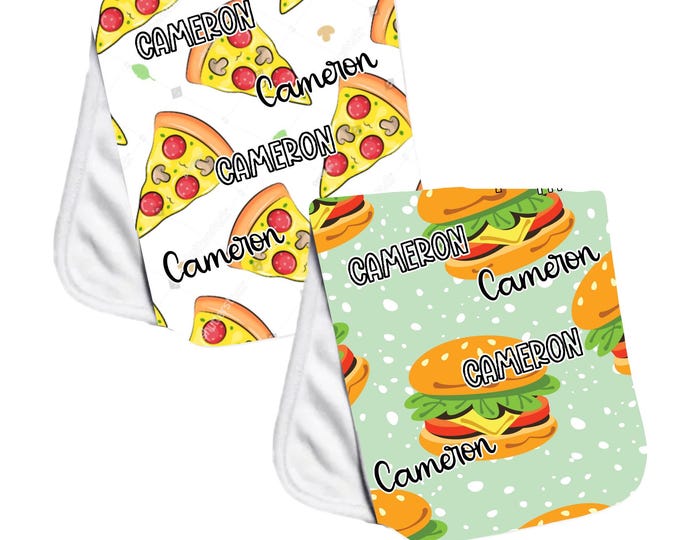 Personalized Pizza and Hamburger Cheeseburger Burger Burp Cloth Set. Sushi Baby. Fun Burp Cloth. Baby Shower Gift. Newborn Gift Idea