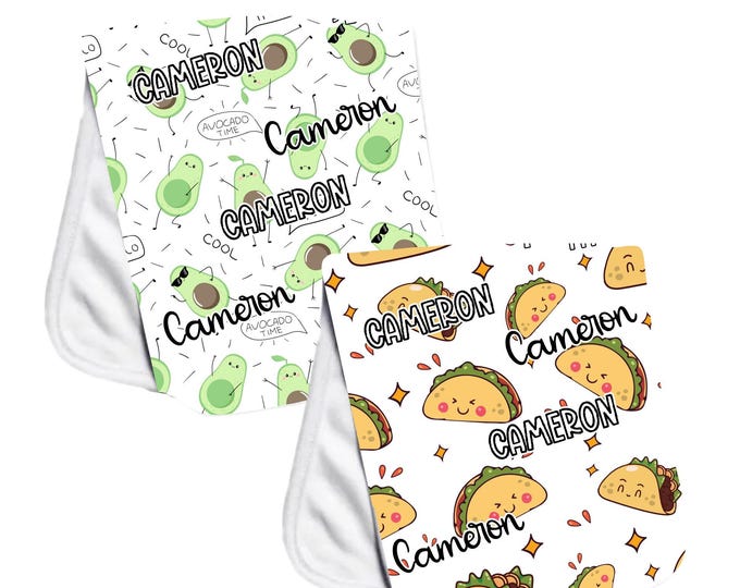 Personalized Taco and Avocado Burp Cloth Set. Sushi Baby. Fun Burp Cloth. Baby Shower Gift. Newborn Gift Idea