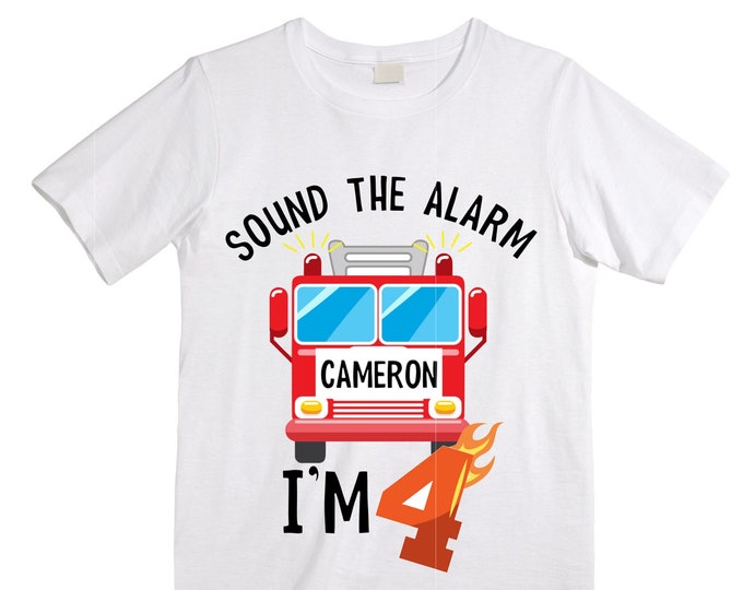 Personalized Sound the Alarm I'm 4Fire Truck FOUR  Raglan Monster Truck theme Birthday Shirt. Fourth Birthday. Boy's Fire Truck Birthday .