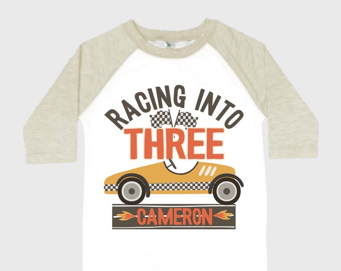Personalized RaceCar theme Birthday Shirt. THREE Birthday. Boy's Racecar Birthday Shirt. Race Car Racing Birthday Shirt.