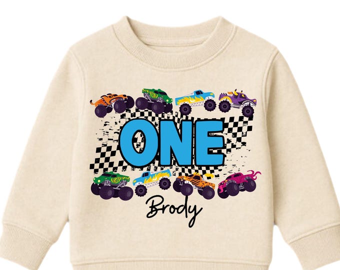 Personalized Monster Truck Crushing IT Birthday Fleece Sweatshirt. ONE First 1st Birthday. Truck Birthday. Monster Truck Racing.