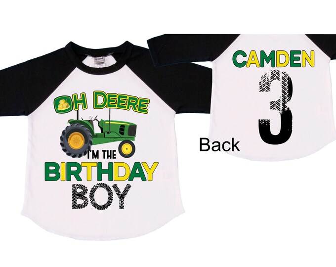 Personalized Tractor theme Birthday Shirt. THREE Birthday. Boy's Truck Birthday Shirt. Tractor Racing Birthday Shirt.