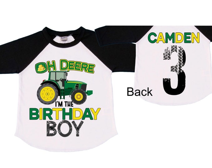 Personalized Tractor theme Birthday Shirt. THREE Birthday. Boy's Truck Birthday Shirt. Tractor Racing Birthday Shirt.