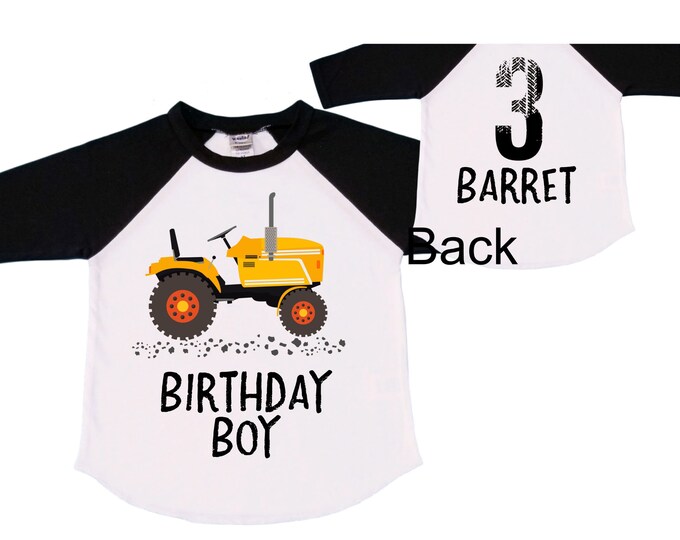 Personalized Tractor theme Birthday Shirt. THREE Birthday. Boy's Truck Birthday Shirt. Tractor Racing Birthday Shirt.