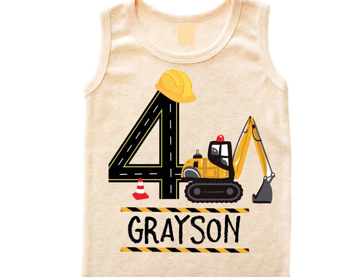Personalized 4 Digger Construction  FOUR  Trash Truck theme Birthday Tank Top Shirt. Fourth Birthday. Boy's Birthday .