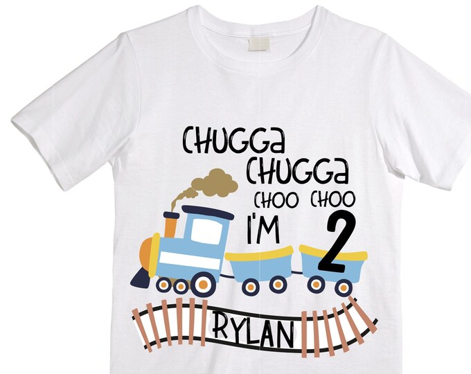 Personalized Choo Choo I'm 2 Train theme Birthday Shirt. Two Birthday. Boy's Train Birthday Shirt. Choo Choo Train Birthday Shirt.