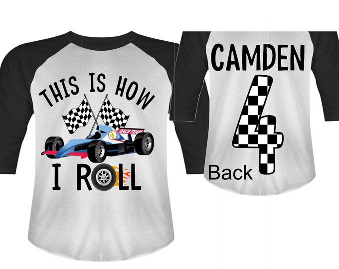 Personalized RaceCar FOUR  Race Car theme Birthday Shirt. FOUR Birthday. Boy's Racing Birthday . Racecar Birthday