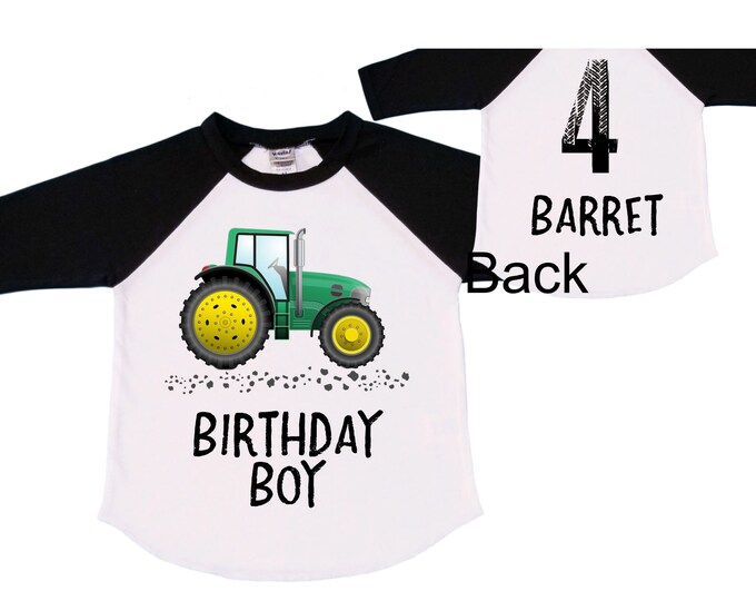Personalized Tractor FOUR  Raglan Monster Truck theme Birthday Shirt. Two Birthday. Boy's Racing Birthday . Tractor Birthday .