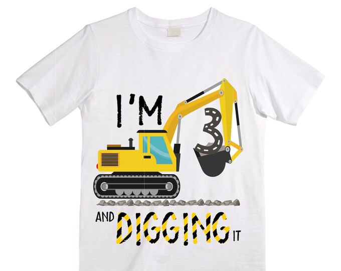 3 Digger Construction theme Birthday Shirt. THREE Birthday. Boy's Dump Truck Birthday Shirt.