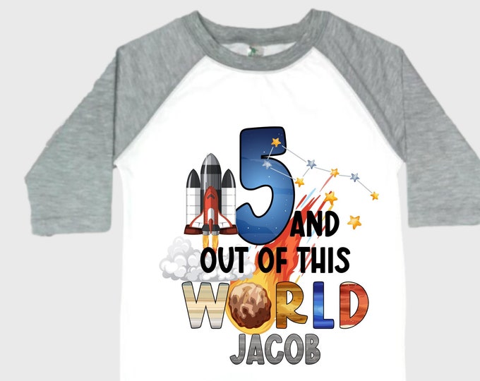 Personalized Space Birthday FIVE Astronaut theme Birthday Shirt. 5th Birthday. Boy's Birthday Shirt. Spaceship Space ship Birthday Shirt.