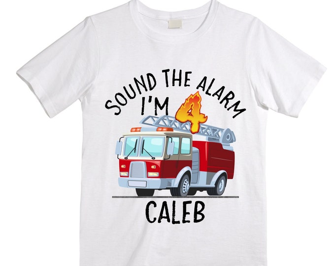 Personalized Sound the Alarm I'm 4Fire Truck FOUR  Raglan Monster Truck theme Birthday Shirt. Fourth Birthday. Boy's Fire Truck Birthday .