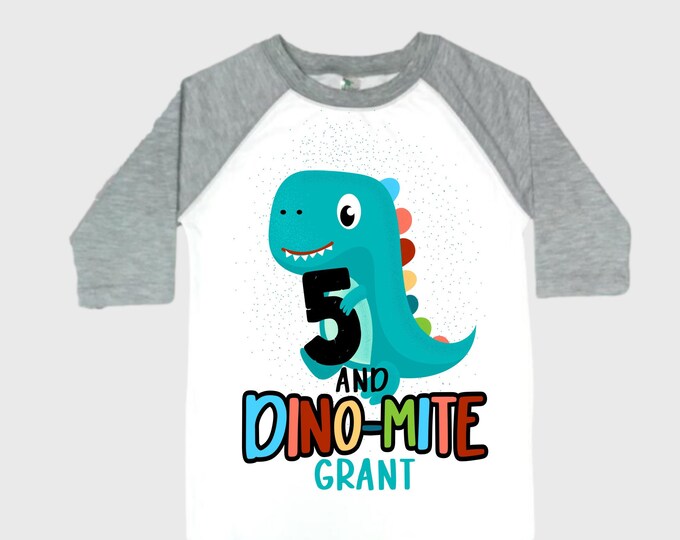 Personalized Dinosaur Themed Birthday Boy Raglan Dinosaur theme Birthday Shirt. FIVE Birthday. Boy's Dino Birthday. Dinosaur Birthday Shirt.