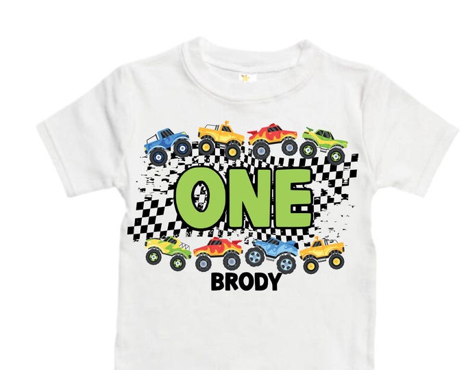 Personalized Monster Truck Crushing IT Birthday Shirt. ONE First 1st Birthday. Truck Birthday Shirt. Monster Truck Racing Birthday Shirt.