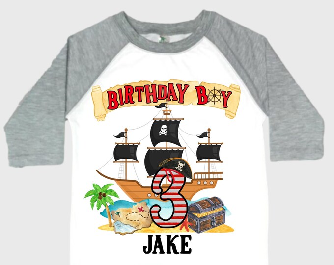 Personalized Pirate Ship theme Birthday Shirt. THREE Birthday. Boy's Pirate Birthday. Timber me Shivers. Arr Matey. Ahoy Matey. Arrgh. 3rd
