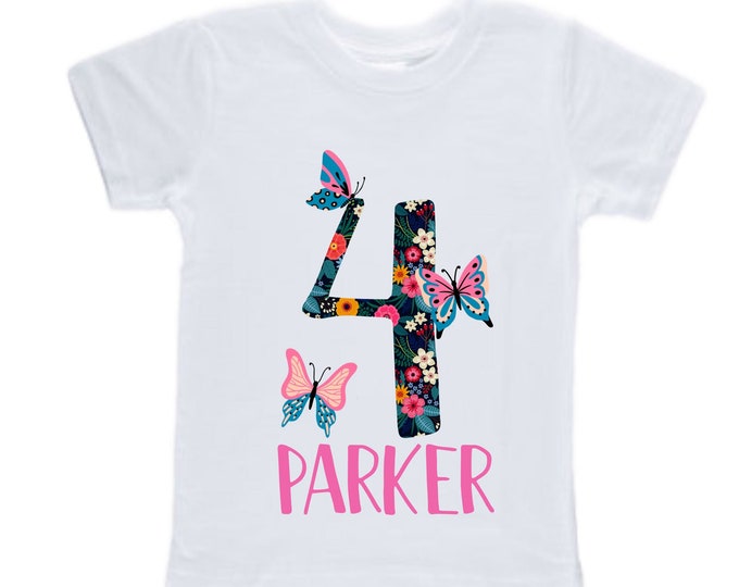 Personalized Butterfly Four Birthday Girl Shirt. Cake Smash Sleeve Birthday Shirt. 4th . Birthday Shirt