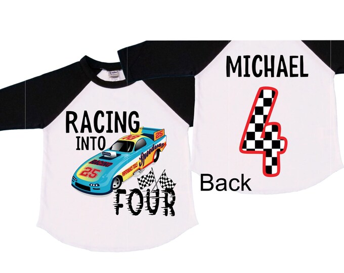 Personalized RaceCar FOUR  Race Car theme Birthday Shirt. FOUR Birthday. Boy's Racing Birthday . Racecar Birthday