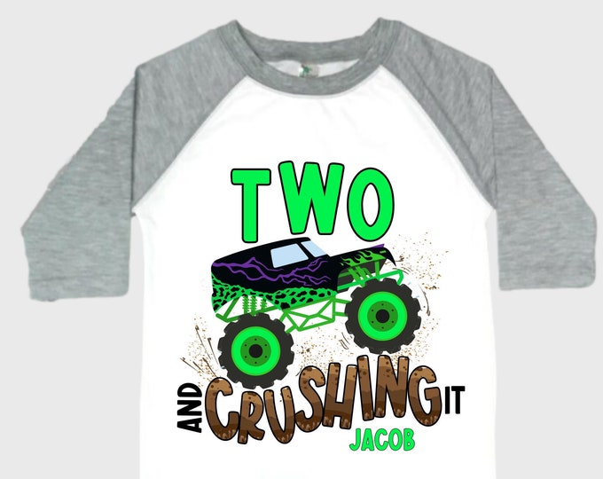 Personalized Monster Truck theme Birthday Shirt. Two Birthday. Boy's Truck Birthday Shirt. Monster Truck Racing Birthday Shirt.